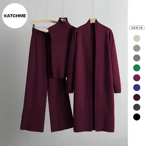 KatchMe Women's Three-Piece Set Solid Turtle Neck Tank Top & Wide Leg Trousers & Open Front Long Cardigan Set, Women Clothes for Fall & Winter(2)