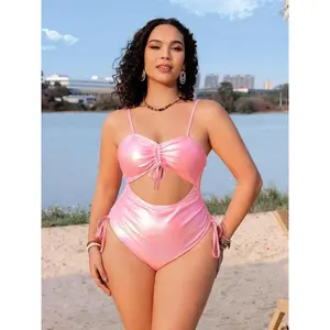 Plus Size Plain Drawstring Ruched Cut Out?One-piece Swimsuit, Casual Adjustable Strap Sweetheart Neck Swimwear for Summer, Women's Swimsuit for Beach Holiday VacationGift