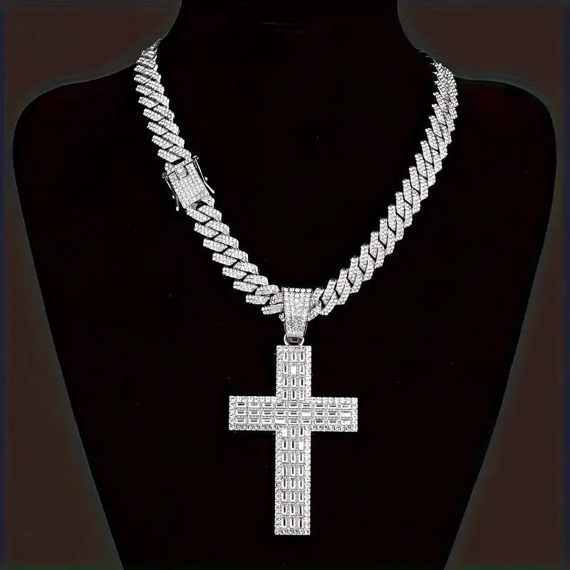 Oversized Cross Pendant Necklace - 925 Sterling Silver, Unisex Punk-Style Statement Jewelry for Adults, Cubic Zirconia December Birthstone, 20in Daily Wear Chain, 20" Chain, Punk Cross, Valentine’s, Easter, 20 Inch Chain