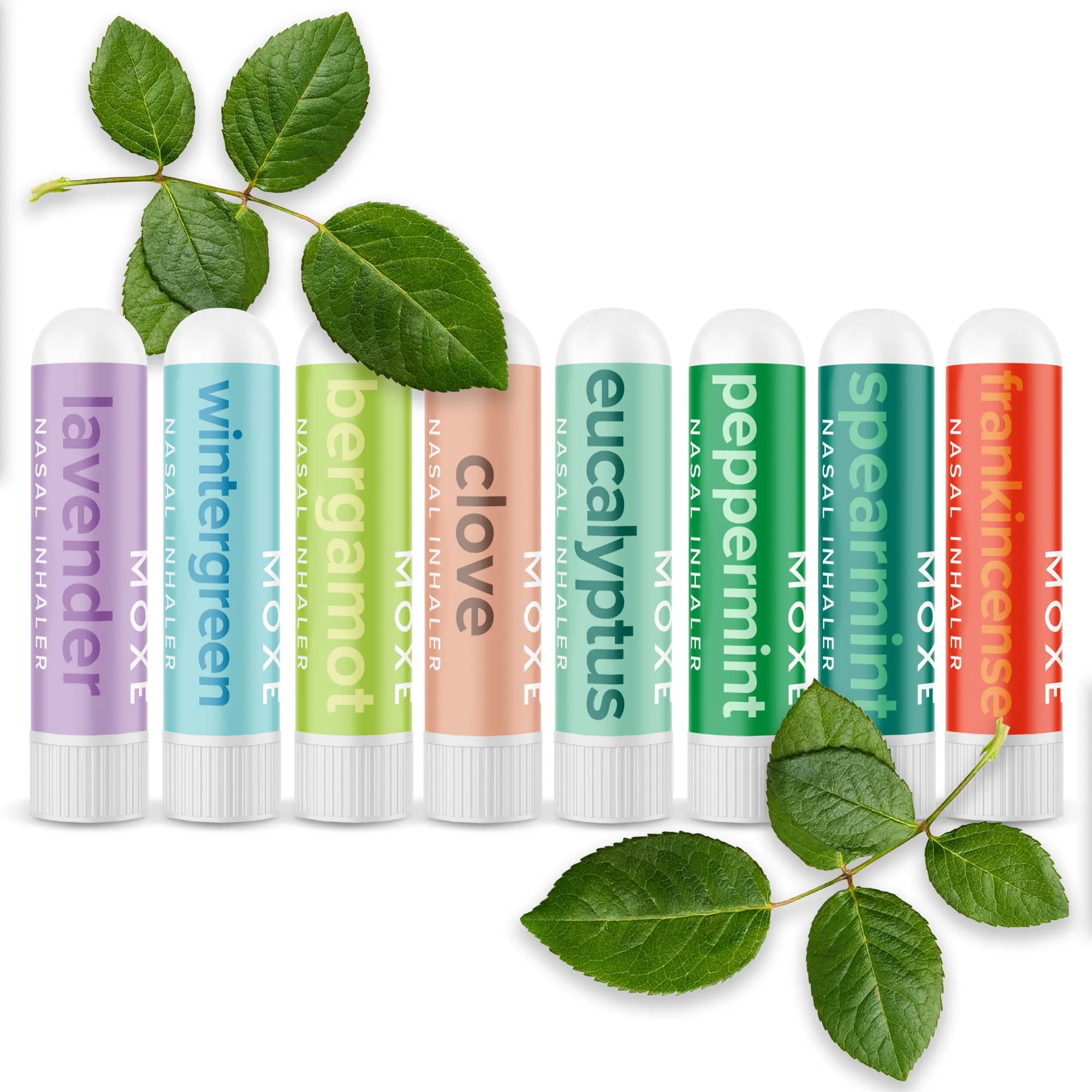 MOXE Nasal Inhalers Bundle, 8 Essential Oils, 100% Pure and Undiluted, Therapeutic Grade, No-Mess Portable Aromatherapy, Includes Eucalyptus, Peppermint, Lavender, Wintergreen, Made in USA - Pack of 8