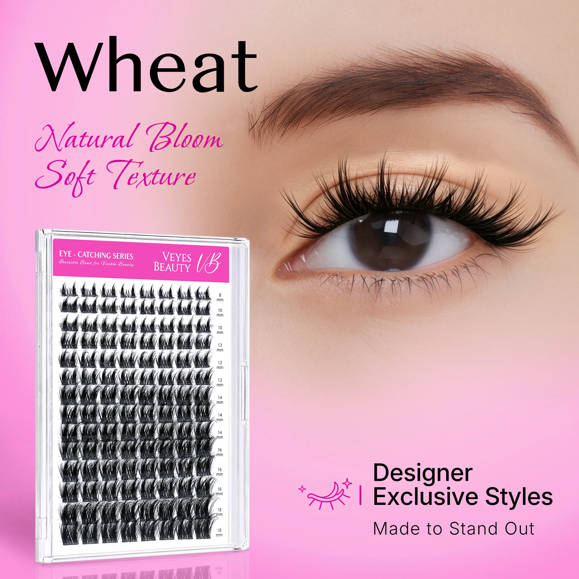VEYESBEAUTY VB-Wheat Polybutylene Terephthalate Fiber Cluster Eyelash Extensions, Invisible Lash Line Effect, Ultra-Thin Fine Wispy Faux Mink, DIY Lash Kit for Home Self-Makeup