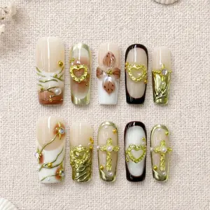 Divineluxe Handmade Reusable Press on Nail Sets, 10-Piece Luxury Vintage Gothic Acrylics with Box, 1.2 Inch, D165
