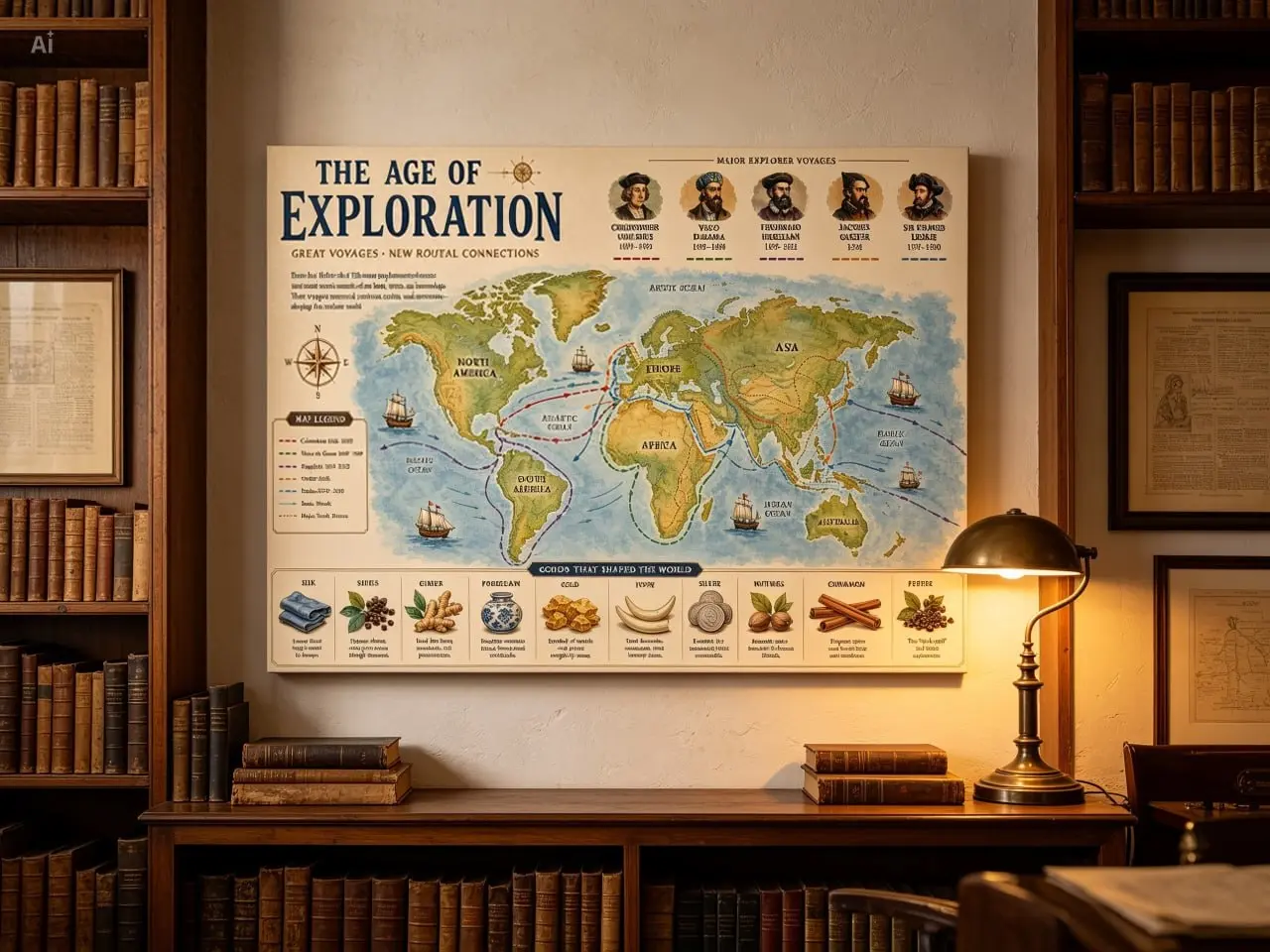 Age of Exploration World Map Poster Vintage Historical Canvas Wall Art Great Voyages Maritime Exploration Map Educational History Print Columbus Vasco da Gama Magellan Drake Cartography Classroom Decor Living Room Office Wall Decoration Gift Unframed