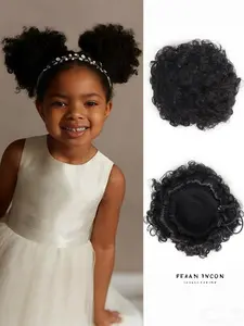 Human Hair Afro Puff Drawstring Ponytail for Little Girls Kids Women Small Hair Buns Kinky Curly Hair Donut Chignon
