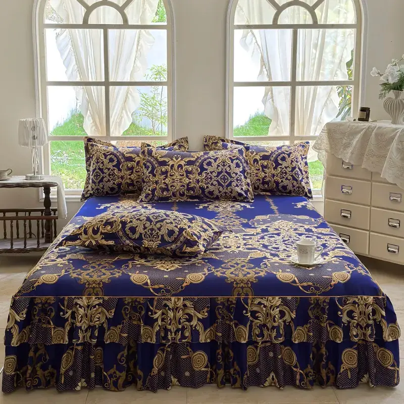 Luxury Baroque Decorative Bedding Set - 3-Piece Royal Blue & Gold Set with Ruffled Bed Skirt, Soft Pillowcases, Elegant Bedspread for Vintage Bedroom Linens