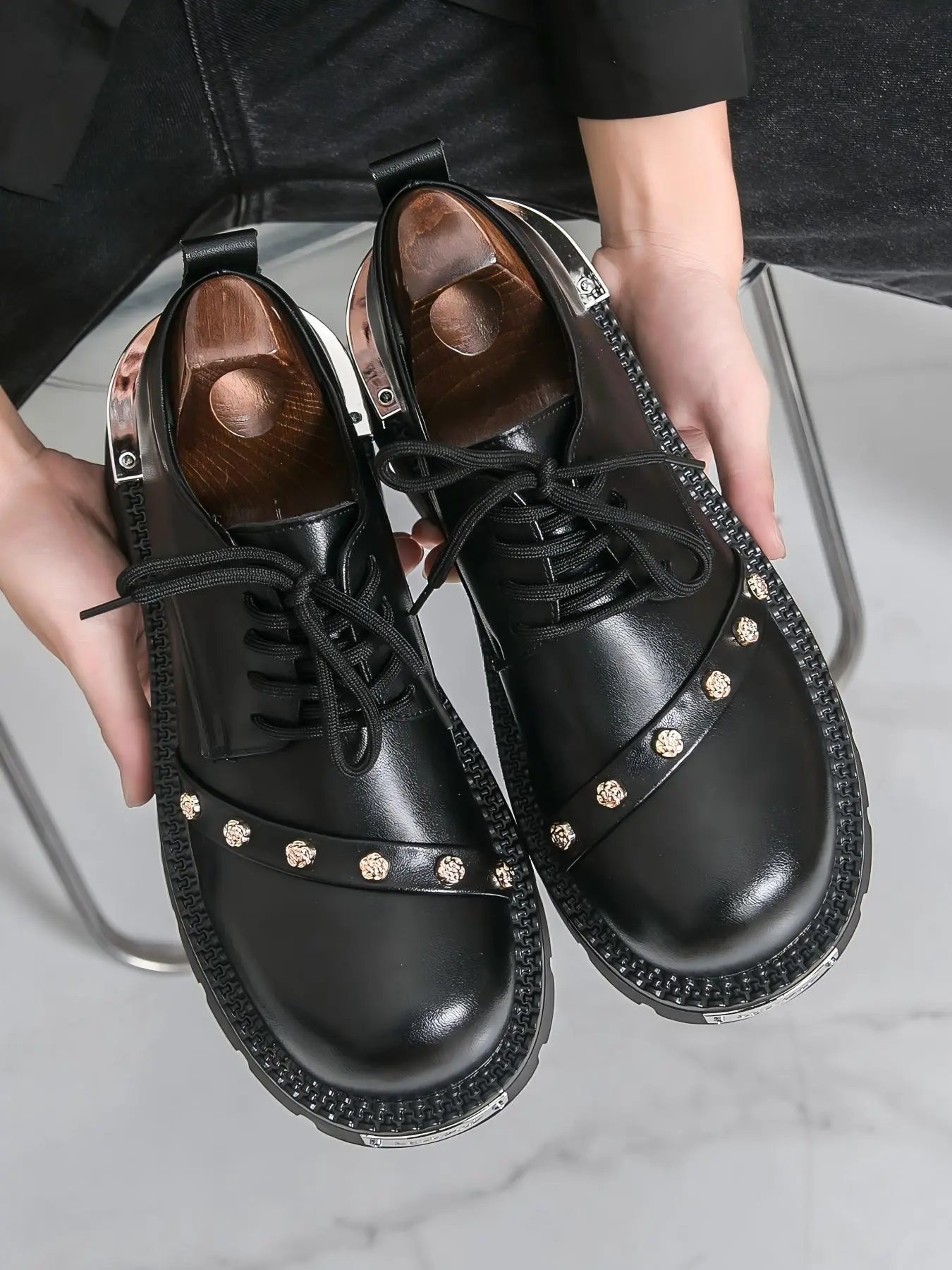 Men's New Chunky Thick Sole Rubber Casual Closed Derby Shoes, Unique Design, Height Increasing, Anti-Slip Wear-Resistant Fashion Sneakers Walking Shoes Footwear