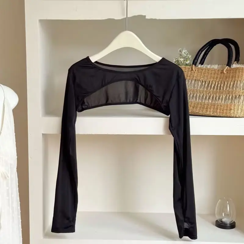 Ultra-Thin Long Sleeve Crop Top, Fashion Quick-Dry Breathable Solid Color Single Piece, Sunscreen T-Shirt, Short Shirt, Summer UV Protective Sleeves, Womenswear