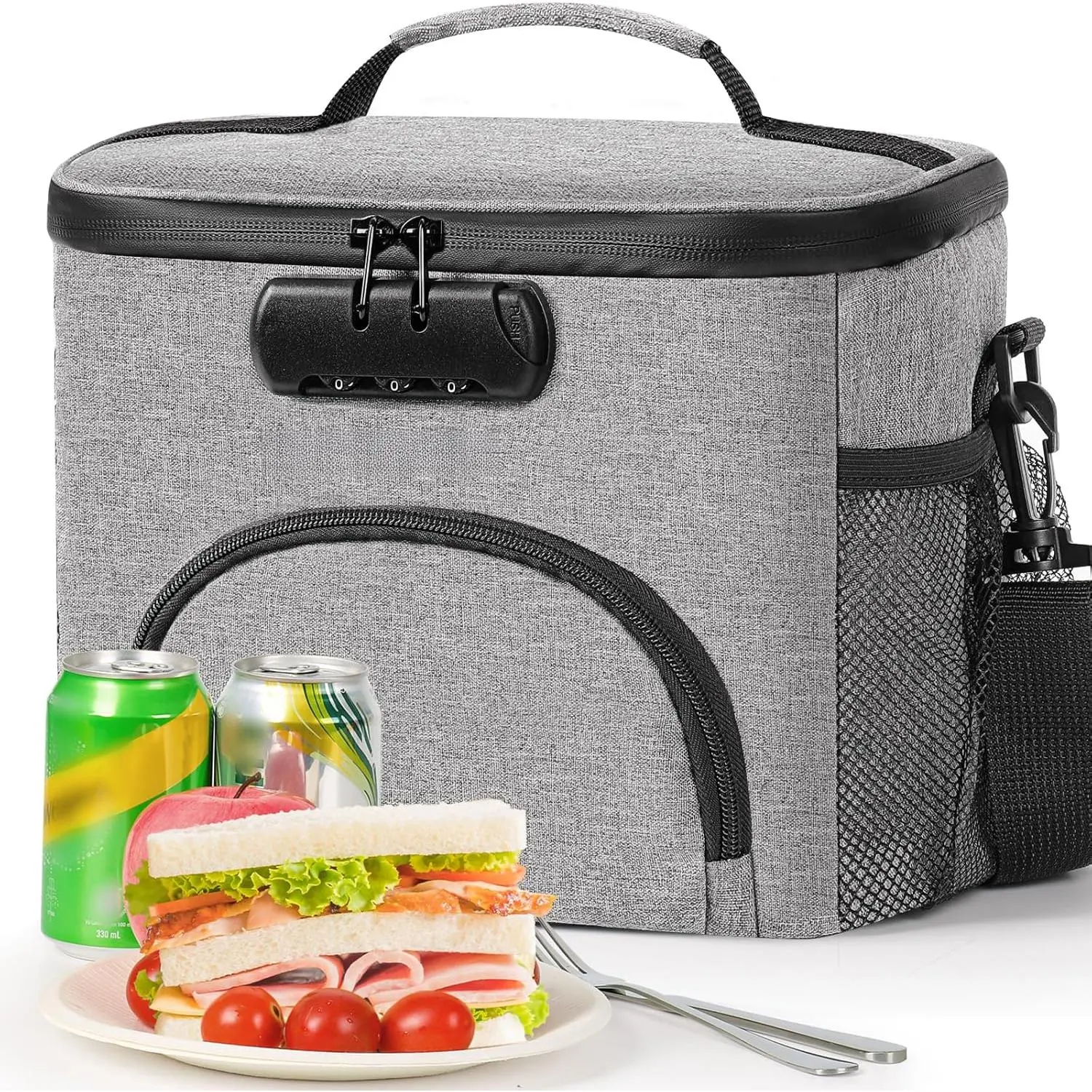 Durable Oxford Fabric Lunch Bag with Detachable Lunch Box, Insulated Foam Leakproof Cooler Liner, Adjustable Shoulder Strap, Multi-Compartment, Easy-Clean Construction, Carry Handle, Combination Lock, for Men, Commute, Travel, Options, Stitching