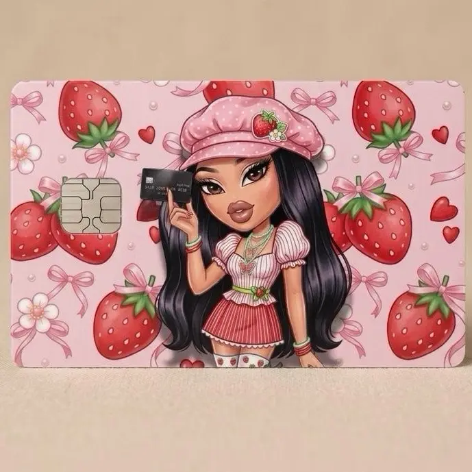 Strawberry Girl Credit Card Skin - Pink Waterproof Vinyl Sticker Aesthetic Card Cover Premium Scratch-Resistant Design for Standard Cards 3.37 in x 2.12in Laminated for Extra Durability