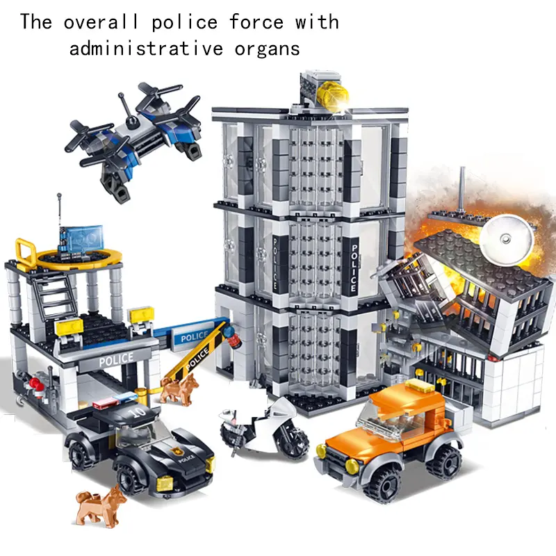 Police Station Building Blocks Set, Police Headquarters with Helicopter and Drone Parking Lot, Height Playable Toy Blocks Decorations