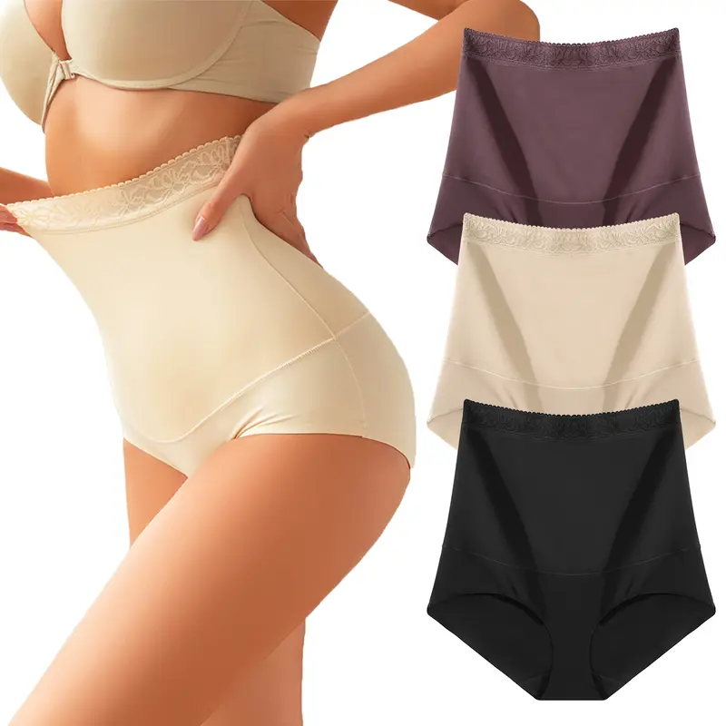 FINETOO Womens Lace High Waisted Tummy Control Underwear No Show Full Coverage Stretchy Boxer Briefs Comfy Hourglass Panties 3 Pack S-3XL Springtok