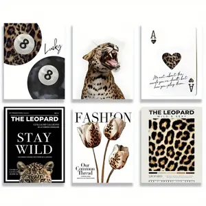 2D Flat 6-piece Fashion Leopard Pattern Artistic Decoration, including Trendy Lucky Number 8 Ball Poster, Perfect for Retro-themed Rooms. Ideal for Girls' Bedrooms, Apartments, and Dormitories, Size 20X 30cm