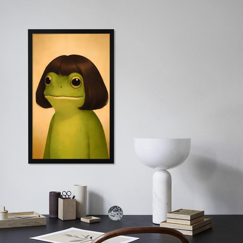 wooden frame Whimsical Frog Portrait Art With Bob Haircut (Frame)- Funny Animal Wall Art Poster Black Or Gold Framed Acrylic Wall Hanging Painting Canvas Painting Wall Painting Canvas Poster Decorative Painting Hallway Home Decoration