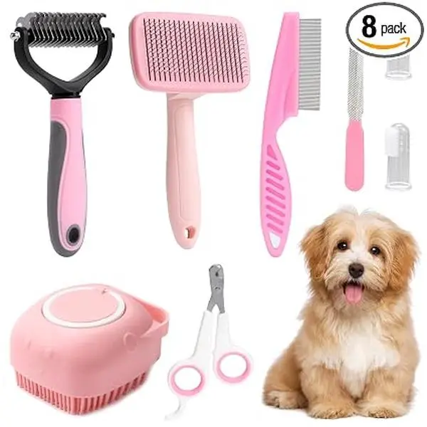 8pcs Pet Grooming Kit: Complete Pet Care Set with Nail Clippers, Flea Comb, Shampoo Brush & More - Easy to Use for All Breeds