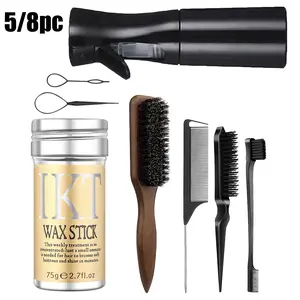 Hair Wax Set 8Pc, Hair Wax Stick with Slick Back Hair Brush, Edge Brush, Rat Tail Comb, Teasing Comb, Spray Bottle and Hair Loop Tool for Flyaways, Sleek Bun, Ponytail, Braiding, Edges, Wig Styling and Daily Hair Styling