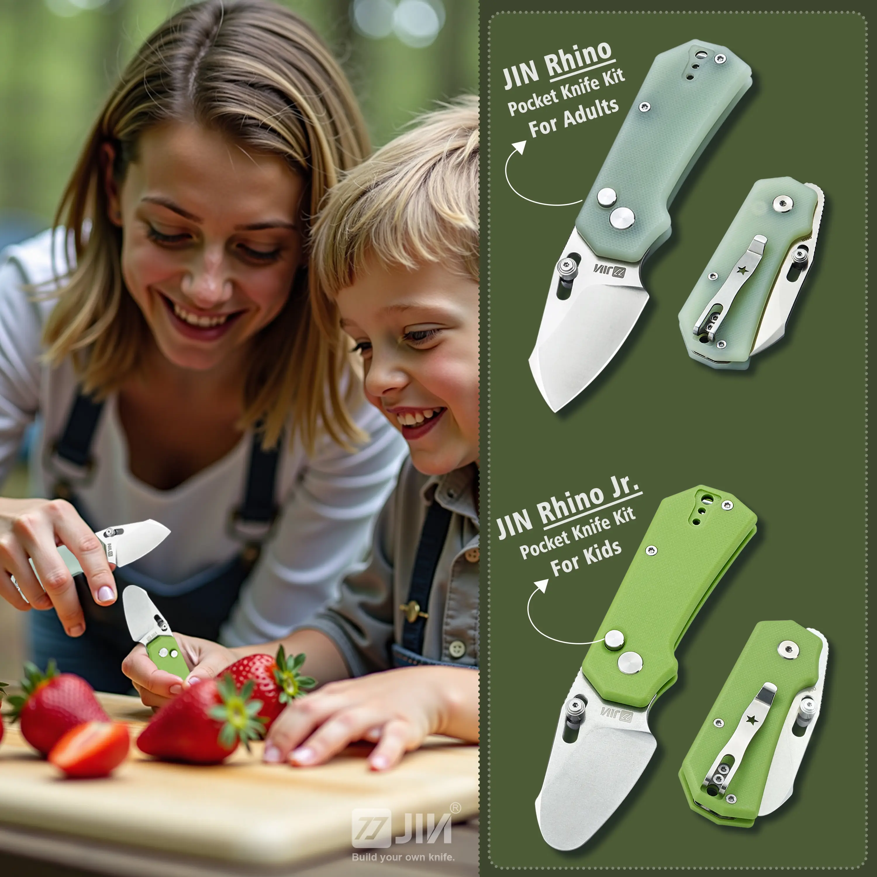 JIN Rhino Jr. Parent-Child DIY Knife Kit – Fun & Educational, Safe Unsharpened Blade with Safety Rounded Tip, Kids-Friendly Button Lock Folding EDC, Easy Assembly, Perfect First Knife for Boys & Girls, Ideal Family Bonding Gift, Scout-Inspired Design Cutt