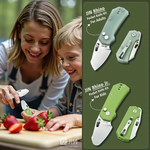 Kids Foldable DIY Assembly Knife Kit - Jin, Scout-Inspired Safe Educational Camping Tool with Adjustable Ergonomic G10 Handle, Round-Tip Unsharpened Steel Blade, Snappy Ball Pivot Fidgeting EDC, Lightweight Fiberglass Foam Cutter