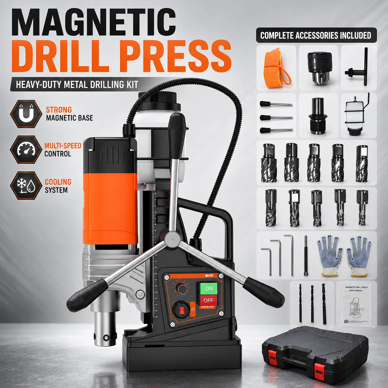 High Torque 1750W Magnetic Drill Press for Metalworking – 2" Boring Diameter, 810 RPM Adjustable Speed, Ergonomic Handle, Heavy Duty Titanium Alloy Guide, Precision Scale – Industrial & Home Use
