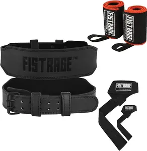 FISTRAGE 4 Inches Power Weight Lifting Leather Belt - Black with Back Support Strap, Cambered Squat Bar for Tough Workouts