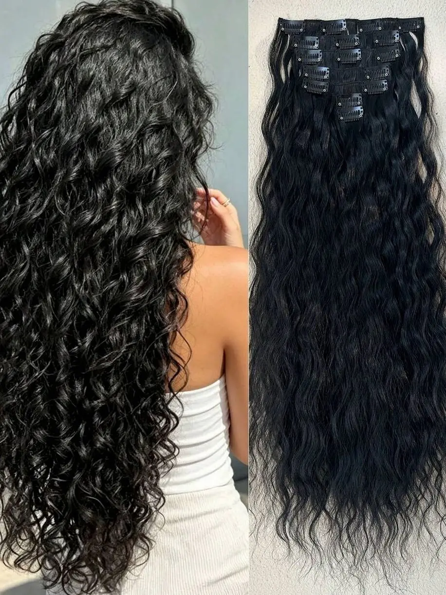 16pcs 24-Inch Brown Water Wave Clip-In Hair Extensions, Suitable For Girls And Women, Full Head Synthetic Hair Extensions