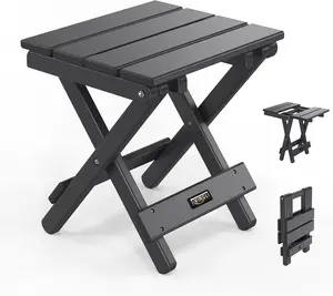 VINGLI Small HDPE Folding Side Table, Plastic Waterproof Portable Adirondack Coffee End Tables, All Weather for Patio, Backyard, Pool, Indoor Use, Slats Style, Black
