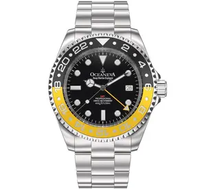 Oceaneva Men's GMT Deep Marine Explorer 1250M Pro Diver Watch Yellow and Black Swiss Made Ronda 515.24H Movement 1250M Water Resistance Sapphire Crystal
