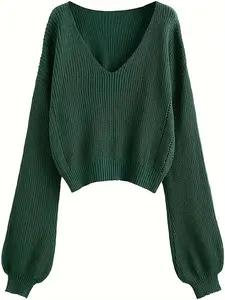 ZAFUL Women's V Neck Plunge Knit Sweater Drop Shoulder Pointelle Jumper Pullover Tops Green