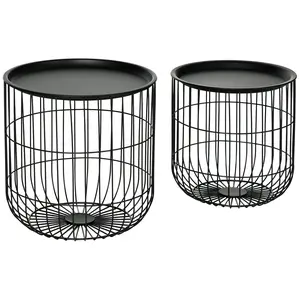 Coffee Table Set – Nest of Coffee Tables with Steel Wired Basket Body and Removable Top, Set of 2, Space Saving Stackable Design, 22 lbs Capacity, for Living Room, Black