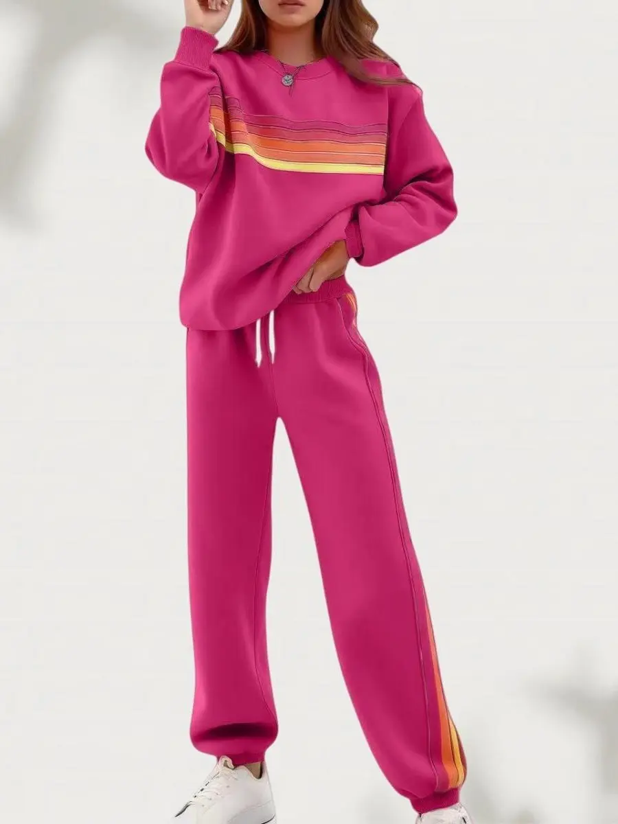 Women's Comfortable Cropped Rainbow Print 2-Piece Matching Set - Fitted Longsleeves Top, Ankle-Length Pants with Color Block Strip Accent, Minimalist Style Outfit for Fall & Winter