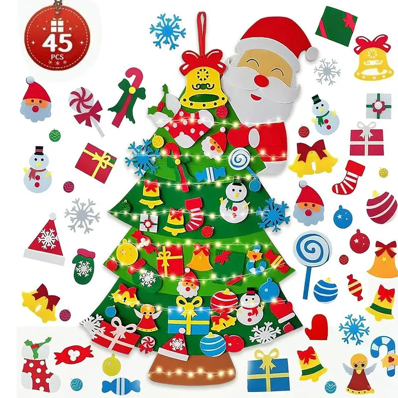 DIY Lighted Felt Christmas Tree Kit with Detachable Ornaments,3M LED Lights,3.3 FT Wall Hanging Xmas Decorations Craft Kits Felt Material Easy to Use,Christmas gifts