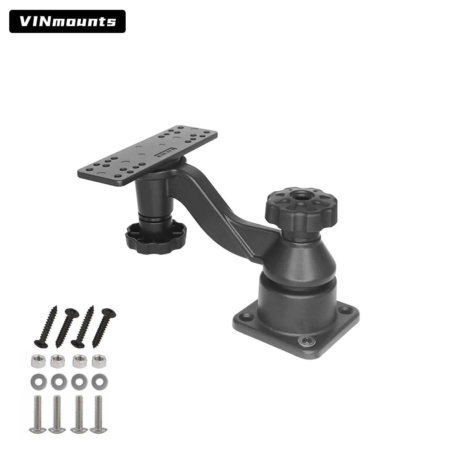VINmounts Swing Arm Fish Finder Mount, Aluminum Alloy Boat Mount, Black Corrosion Resistant Coating, Saltwater & UV Resistant, Sturdy & Stable 360° Rotation Depth Finder Mount Compatible with Garmin Lowrance Humminbird, Holds 5"-12" Screens
