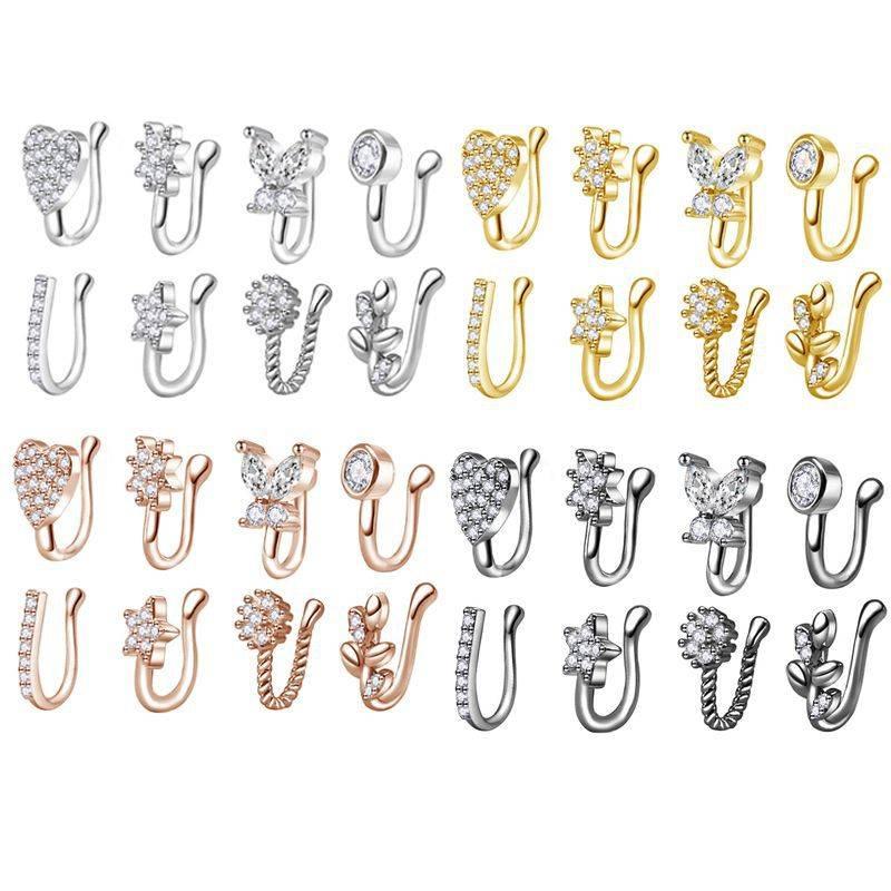 Random 10pcs Nose Clip and Stud Set with Copper Synthetic Zirconia U-Shaped Heart Crown Butterfly Five-Pointed Star Nose Rings,  Ideal for Party and Festival Celebrations