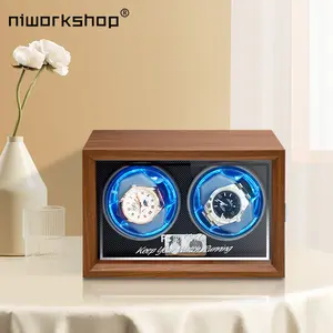 1pc Niworkshop Automatic Watch Winder,2 Slots Watch Storage Cases ,Wooden Watch Box with Quiet  Motor & Memory Foam Pad & Blue Backlight & 4 Rotation Modes,Fit Lady and Man Watches Quiet Double Quad Automatic Watch Winder with Motors