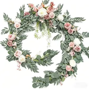 Realistic Rose Vine Fence Decor, Eucalyptus Leaf Balcony Railing Wreath, Wedding Arch Background Wall Decoration, Garden Home Artificial Flower Ornament