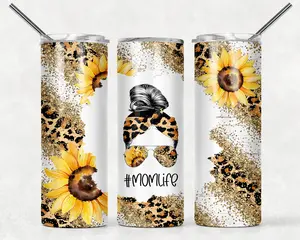 20 oz Skinny Tumbler, #momlife, Messy Bun, Sunflower, Leopard, Gold Glitter, Glam, Stainless Steel Tumbler - Skinny Tumbler 20oz, Gift for Christmas, Gift for New Year, Best Gift