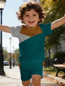 Color-block Change digital print short-sleeve set for infants and toddlers, casual kids' wear, T-shirt suitable for daily and outdoor activities. 100% polyester, a perfect gift for infants and toddlers!