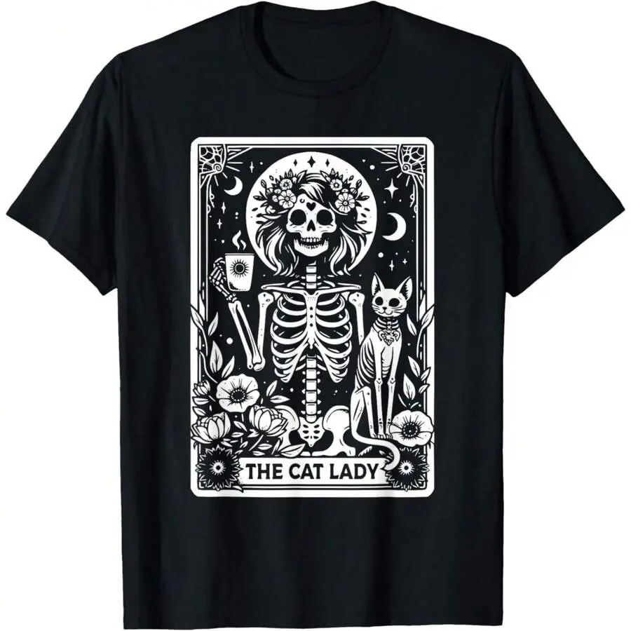 180GSM Pure Cotton Printed T Shirt The Cat Lady Tarot Cards Skeleton Coffee Cat Tarot Card Design Breathable Cotton Fabric Comfortable And Soft Knit Texture Durable And Easy To Clean Machine Washable Ideal For Occult Cat Ladies