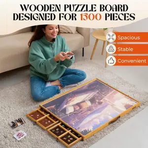 【2026】Wooden Puzzle Board for 1500 Pieces with Built-in Drawers & Smooth Turntable Portable Design for Adults Family Fun Easy Carry & Store