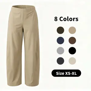 MaLinfandor Women Barrel Travel Pants Elastic Waistband Tapered Leg Baggy Mid Rise Work Trousers Lounge Pant with Pockets Soft Lightweight Bottoms for Daily Wear - Womenswear