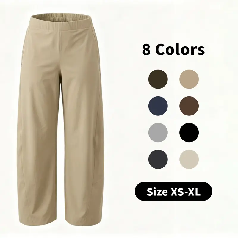 MaLinfandor Women's Mid-Rise Barrel Pants - Casual Solid Baggy Lounge Trousers with Pockets for Work, Daily Wear, Evening, Chic Basic Womenswear Bottoms (Cool Iron)