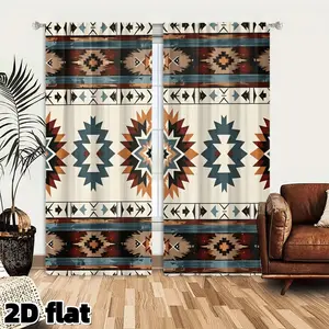 2D Flat 2Pcs Southwestern Aztec Tribal Curtains Panels, Native American Geometric Pattern, Earth Tone Navajo Design, Rod Pocket, Semi Sheer Polyester, Living Room Bedroom Kitchen Home Decor, Boho Divider, Home Decoration Curtain