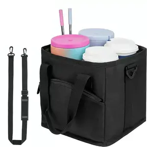 4-Pocket Nylon Black Reusable Coffee Drink Holder, Sturdy Handy Fabric Cup Carrier with Detachable Adjustable Strap, Tear-Resistant Storage for Mugs & Bottles, Ideal for Camping, Beach Trips