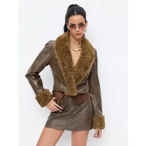 Cider Faux Leather Collar Faux Fur Trim Button Cropped Jacket