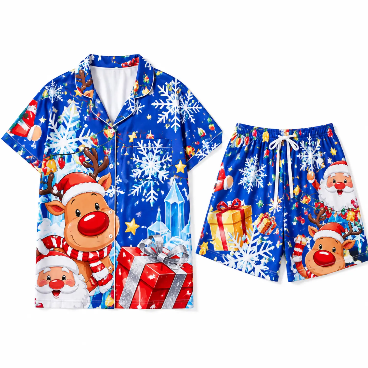 Christmas Santa Reindeer Print Satin Pajama Set, Short Sleeve Button Front Sleepwear with Elastic Waist Shorts for Holiday Nights