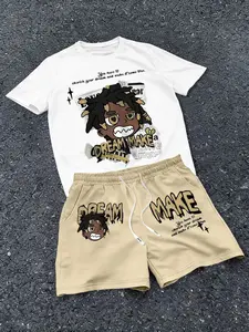 Men's Summer Dream Chaser Hip Hop Ventilated Print Short Sleeve T-Shirt & Shorts Set, Street Skateboard Music Festival Party Wear