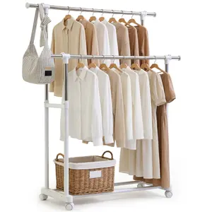 Clothes Rack, Double Rods Rolling Clothing Rack, Portable Garment Rack with Wheels, Adjustable Height & Width, for Bedroom Laundry Room, White