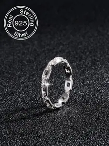 925 Sterling Silver Rhinestone Decor Chain Design Ring, Fashionable Ring for Women & Girls, Trendy All-match & Exquisite Jewelry for Birthday Gift
