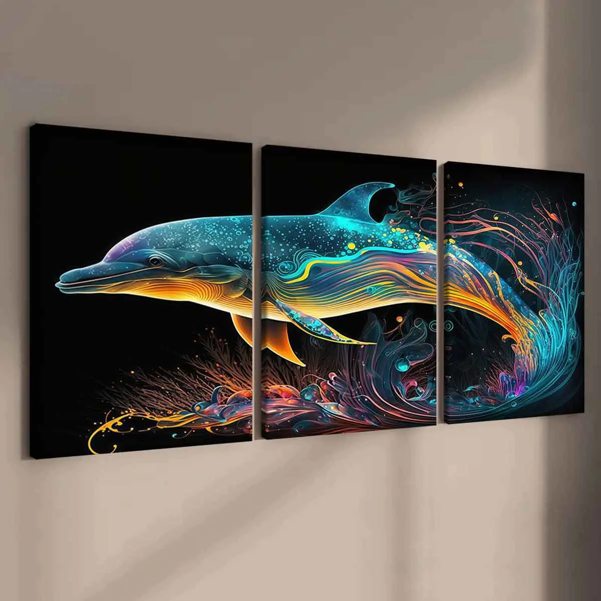 3-Piece Modern Art Canvas Prints, Solid Wood Framed Dolphin Posters, High-Definition Waterproof Wall Decor for Living Room & Bedroom