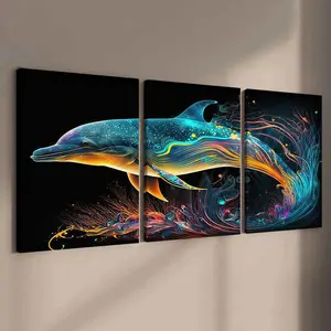 3-Piece Modern Art Canvas Prints, Solid Wood Framed Dolphin Posters, High-Definition Waterproof Wall Decor for Living Room & Bedroom
