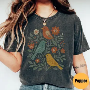 Comfort Colors Folk Art Birds and Flowers Shirt, Cottagecore Botanical Tee, Vintage Scandinavian Inspired Graphic T-Shirt, Whimsical Nature Lover Gift, Aesthetic Folk Floral Top, Woodland Bird Illustration Shirt, Earthy Heritage Style Tee